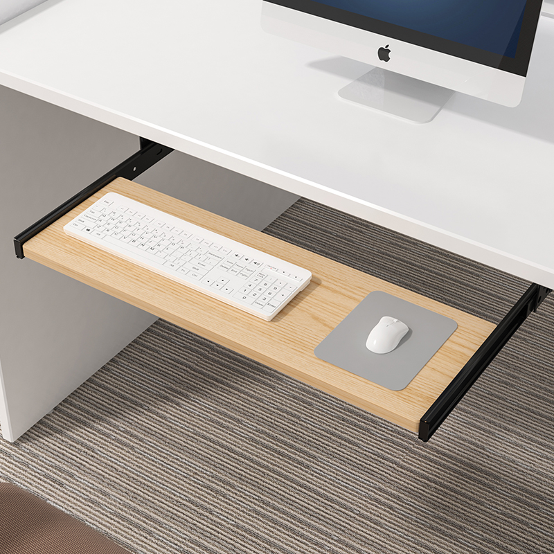 Desk Setup Living Room - Rak Keyboard Kayu di Bawah Meja