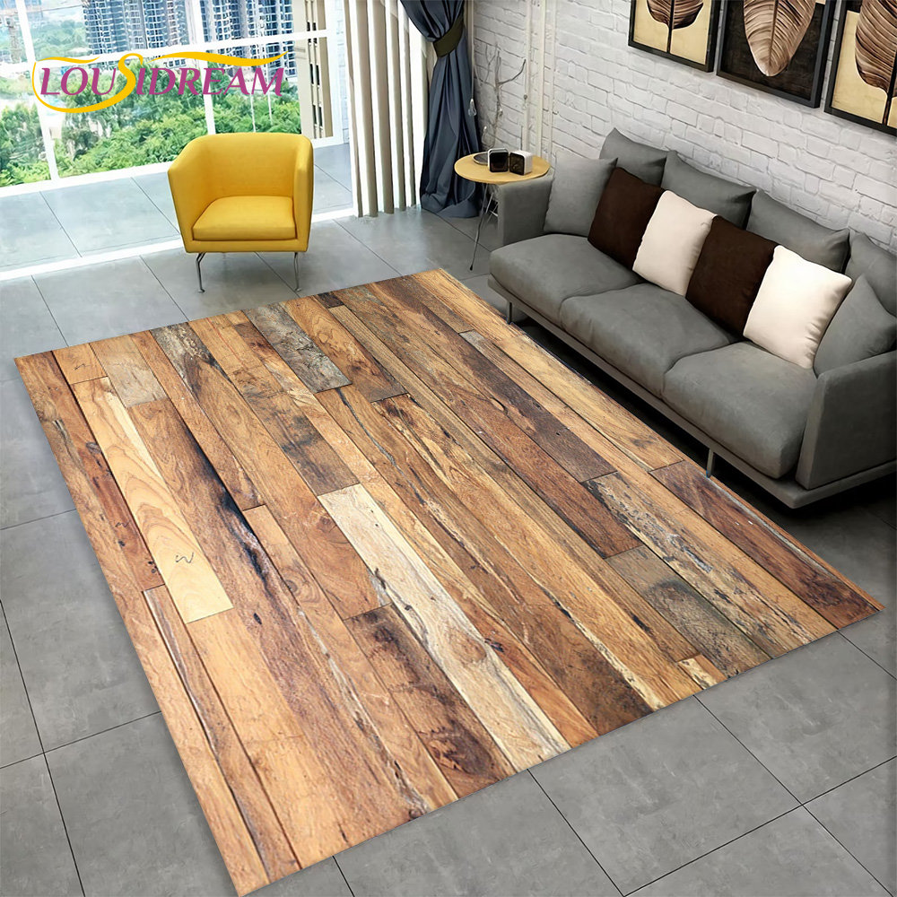 Desk Setup Girly - Karpet Area Retro motif kayu 3D